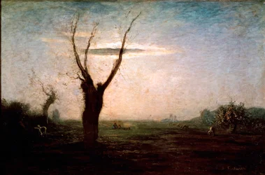 4月 まだ葉のない木がある晩冬の風景。アントニオ・フォンタネージ（1812-1882）の絵