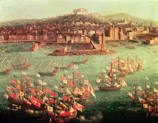 1759年10月6日、ナポリ市の前のスペインのカール3世（1716-88）の艦隊（パネルに油彩）