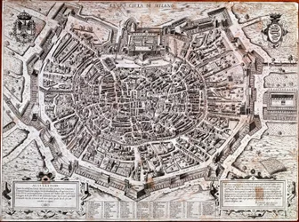 1573年にアントニオ・ラフレリ（ラフレリーまたはランフレリウス）（1512-1577）が編集したミラノ市街図。これは同市最古の地図である。ミラノ、ミラノ博物館 - ミラノ地図。1573年の同市最古の地図、アントニオ・ラフレリ編集。イタリア、ミラノ博物館