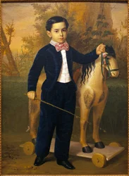 木馬を持った少年の肖像。アントニオ・マリア・エスキヴェル（1806-1857）による絵画、油彩・キャンバス、1851年頃の作品。スペイン、セビーリャの美術館。