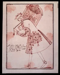 カファレッリ（またはカファレッロ、またはガファリエッロ）と呼ばれるガエターノ・マジョラーナ（1710-1783）の肖像 イタリアのカストラート（去勢者）がサン・ジョバンニ・グリソストモ劇場を運び去る様子 アントン・マリア・ザネッティ（1680-1767）による漫画。18世紀。個人蔵。