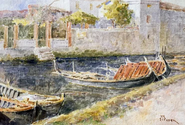 ガルダ湖のシルミオーネ、アントニオ マイヤー (1862-1921)、水彩画。 20世紀イタリア。