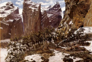 ロンセスバレス（スペイン語ではRoncesvalles）。北スペインの風景。Antoni MUNOZ i DEGRAIN（1841-1924）による絵画、19世紀後半。キャンバスに油彩。スペイン、バレンシア、Museo de Bellas Artes San Pio V.