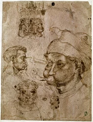 4人の男性の頭、そのうち2人は3つの顔を持つ。祭壇画。馬の絵。Antonio di Puccio Pisano dit Pisanello (1395-1455)の工房で描かれたもの。ブラウンインク、ペン（ドローイング）、血。寸法：27.1x20.5cm。ルーヴル美術館、メダイユの棚。