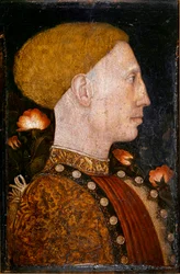 フェラーラ公爵、リオネル・デステ（レオネロ・デステ）（リオネロ）（1407-1450）の肖像。Antonio Pisano dit il Pisanello（1380-1455）の絵画 木に油彩。ディム：28x19cm。ベルガモ、カッラーラアカデミー