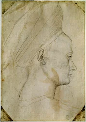 若い女性の頭部、右横向き。Antonio di Puccio Pisano dit Pisanello (1395-1455)の工房で描かれたもの。茶色のインク、黒い石、羽。寸法：24,6x17,2cm。ルーヴル美術館、キャビネ・デッサン