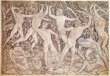 裸の男たちが戦う。Antonio Pollaiuolo (Pollaiolo) (1432-1498)によって彫られたもの。