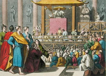日本の予言者が説教をしている様子。ジュール・フェラリオ著「Le Costume Ancien et Moderne」（1820年代～30年代に出版）の82版（カラーリトグラフ）。