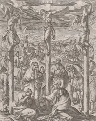 キリストは、1612 年に十字架のふもとにいる 2 人の泥棒、3 人のマリアの間で十字架につけられました。