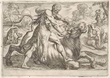 Hercules and Achelous：中央でヘラクレスは雄牛の角を掴みながら、彼の頭蓋骨を押します...、1608。