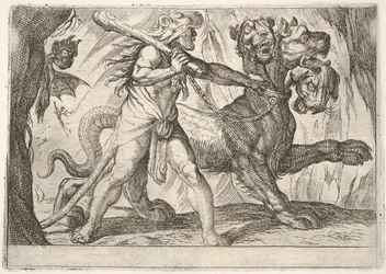 ヘラクレスとケルベロス：ヘラクレスはケルベロスの首輪をつかみ、2つの悪魔が左に現れます...、1608。
