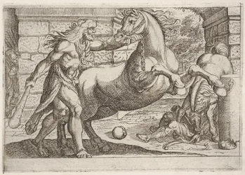 ヘラクレスとディオメデスの雌馬：ヘラクレスは飼育馬の手綱、一秒...、1608年をつかみます。