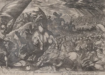 プレート 11: 太陽に静止するよう命じるジョシュア、「The Battles of the Ol...」より。 1590年頃 1610年。