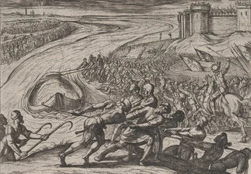 プレート 12: 「穀物を積んだ船を岸に引く」、『対ローマ戦争』、1611 年。