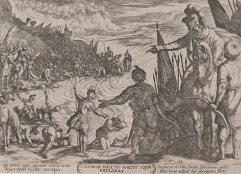 プレート 13: 「旧約聖書の戦い…」より兵士を選ぶギデオン 1590年頃 1610年。