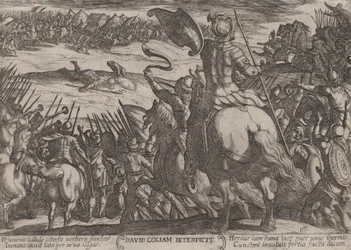 プレート 16: ゴリアテを殺すダビデ、「旧約聖書の戦い」より。 1590年頃 1610年。
