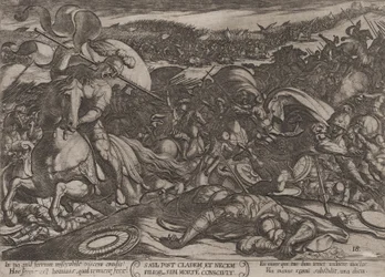 プレート 18: ペリシテ人による敗北後のサウルの自殺、「戦い」より、19 年頃。 1590年頃 1610年。