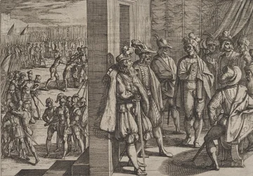図版18：キウィリスとトリーアの他の指導者たちとの秘密会議、『ローマ人とバタウィ人の戦争』より、1611年。