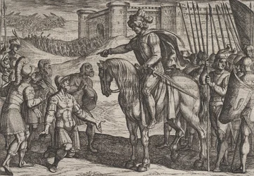 プレート 19: 要塞の男たちが降伏し、命をシビルズに誓う、『戦争…』、1611 年。