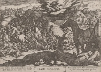 プレート 21: センナケリブの軍隊を打ち負かす主の天使、「The...」より。 1590年頃 1610年。