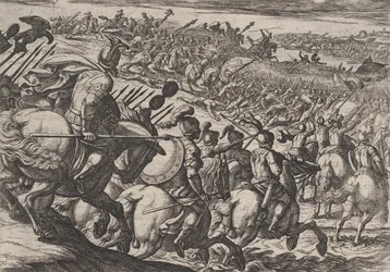 プレート 25: トリアーの近くを攻撃するローマの司令官ケリアリス、「アガイのローマ戦争」より、1611 年。