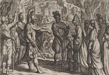 プレート 28: ケルン軍は、1611 年に公開された『R の戦争』より、シアリスの妻と妹をセリアリスに連れて行きます。
