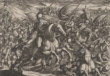 プレート 30: 「オランダ人をライン川に追いやるセリアリス」、「対ローマ戦争」、1611 年。
