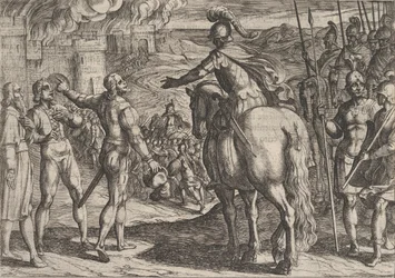 プレート 34: オランダの田園地帯を燃やすローマ人、『ローマ人に対する戦争』、1611 年。