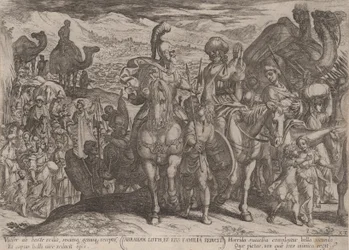 プレート 3: ロトとその家族を自分の土地に連れて行くアブラハム、「The Battles...」より。 1590年頃 1610年。