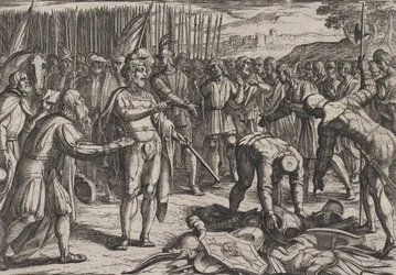 プレート 7: ドイツの使節がシビルスを訪問、『ローマ人のバタビア戦争に対する戦争』、1611 年。