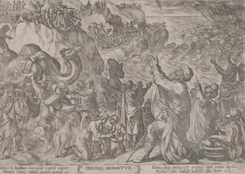 プレート 8: 「The Battles of the Old ...」より、紅海で溺れるエジプト人 1590年頃 1610年。
