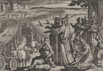 プレート 8: ローマ人と戦う市民を観察する女性と子供、「ローマ戦争」より、1611 年。