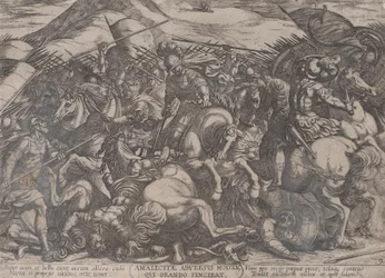 プレート 9: 「The Battles of the Old...」より、アマレク人と戦うイスラエル人。 1590年頃 1610年。