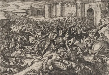 プレート 9: ボンナでオランダ軍に敗れたローマ人、『アガイ ローマ人の戦争』より、1611 年。