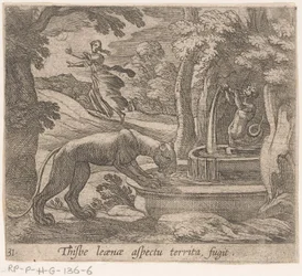 Thisbe vlucht voor the leeuwin by the bron Thisbe 領域の側面 fugit (オブジェクトのタイトル) 変身と変身（連載タイトル） The Metamorphoses of Ovid (シリーズタイトル)
