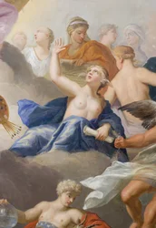 建築図を明らかにする巻物を保持している建築、山羊座のある冬、塗装された部屋の天井 (塗装された天井) の詳細