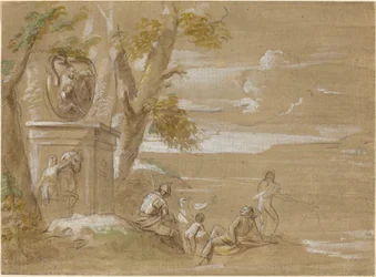 座っている兵士と漁師のいる風景