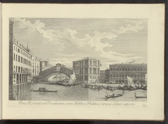 Gezicht op het Canal Grande、Palazzo dei Camerlenghi en de Rialtobrug te Venetië 両側に公共の建物が取り付けられた、西へのリヴォルティ橋 (オブジェクトのタイトル) アントニウス運河の 38 枚のパネルから見たベニスの街の最も有名な景色
