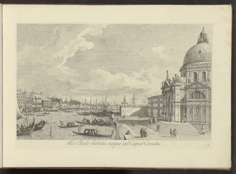 Gezicht op het Canal Grande en de Santa Maria della Salute te Venetië 救いの家から運河の頭まで (オブジェクトのタイトル) アントニオ ヴィッセンティーニが真鍮に印刷したアントニウス カナルの 38 枚のパネルから、ヴェネツィアの街の最も有名な景色を 3 つの部分に分けて