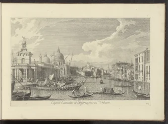 Gezicht op het Canal Grande te Venetië 運河の頭と市への入り口 (オブジェクトのタイトル) アントニオ・ヴィッセンティーニによって真鍮に印刷されたアントニウス・カナルの 38 枚のパネルから、ヴェネツィアの街の最も有名な景色が 3 つの部分に分けられています。 パート1（シリーズタイトル