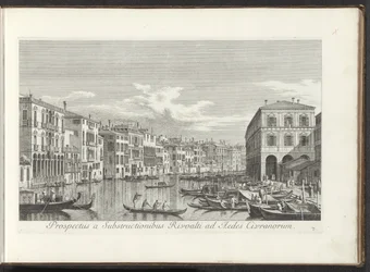 Gezicht op het Canal Grande te Venetië Rivoalti の下部構造から Aedes Civranorum までの眺め (オブジェクトのタイトル) アントニオ・ヴィッセンティーニによって真鍮に印刷されたアントニウス・カナルの 38 枚のパネルから、ヴェネツィアの街の最も有名な景色が 3 つの部分に分けられています。 p
