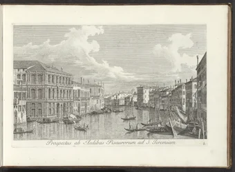 Gezicht op het Canal Grande te Venetië ピサの家から聖エレミヤまでの眺め (オブジェクトのタイトル) アントニオ・ヴィッセンティーニによって真鍮に印刷されたアントニウス・カナルの 38 枚のパネルから、ヴェネツィアの街の最も有名な景色が 3 つの部分に分けられています。 第二部