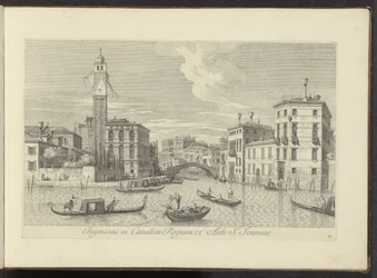 Gezicht op het Cannaregio en Palazzo Labia te Venetië 聖エレミヤの家から王立運河への入り口 (オブジェクトのタイトル) アントニオ・ヴィッセンティーニによって空中印刷されたアントニウス・カナルの 38 枚のパネルから、ヴェネツィアの街の最も有名な景色を 3 つの部分に分けて
