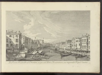 Gezicht vanaf de Rialtobrug op het Canal Grande te Venetië Ponte Rivoalti から東へ、Ripa Vinaria (オブジェクトのタイトル) に対応する Aedes Foscarorum へ アントニウス カナルの 38 枚のパネルから、ベニスの街の最も有名な景色を、A によって真鍮で印刷されました。