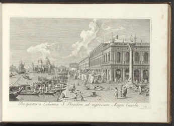 Hoek van het San Marcoplein met de Biblioteca Marciana 聖セオドアの柱から大運河の入り口までの眺め (オブジェクトのタイトル) アントニオ・ヴィッセンティーニがパーツ t で印刷した、アントニウス運河の真鍮製の 38 枚のパネルからの、ヴェネツィアの街の最も有名な景色