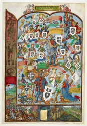サンチョ カペッロとアルフォンソ 3 世の子孫を示すポルトガル王の系図。 下部マージン: 1340 年のサラドの戦い