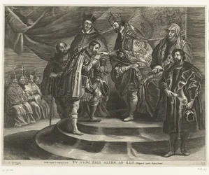 Troonsafsand van Karel V; incht van Ferdinand te Gent、1635 年 (blad 25) チャールズは王国と帝国を剥奪した / あなたは今や彼に次ぐだろう / フィリップ2世は父親から王国を奪う (オブジェクトの称号)