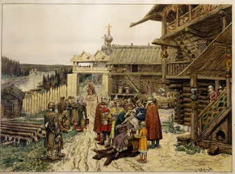 ロシアの王子の封建裁判所。 （中世の村で、領主は木造家屋の中庭の椅子に座り、兵士や顧問に囲まれ、農民の不満に耳を傾けています）。 アポリナーリ・ミハイロヴィッチ・ヴァスネツォフの作品