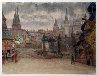 La place des strelets - Modeste Moussorgski (1839-1881) によるオペラ「La Khovanshchina」の装飾 - M. Musorgsky によるオペラ Khovanshchina の Strelets ヤード、舞台デザイン - Appolinari Mikhaylovich Vasnetsov (1856-1933) による作品)、パピに水彩