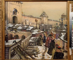 17 世紀のモスクワ、救世主キリスト橋の本屋 (17 世紀のモスクワ、救世主キリスト橋の本屋) - Appolinari Mykhaylovich Vasnetsov (1856-1933) の作品、段ボールに水彩と白